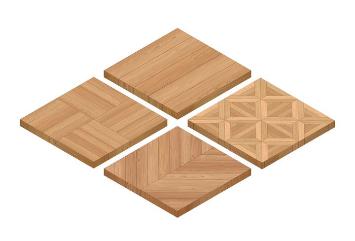 A set of four wooden tiles with different patterns on a white background.