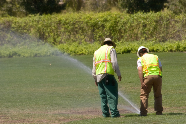 two workers performing irrigation repairs