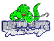 Green alligator holding a tow hook, above "Bayou Boys Towing" text.