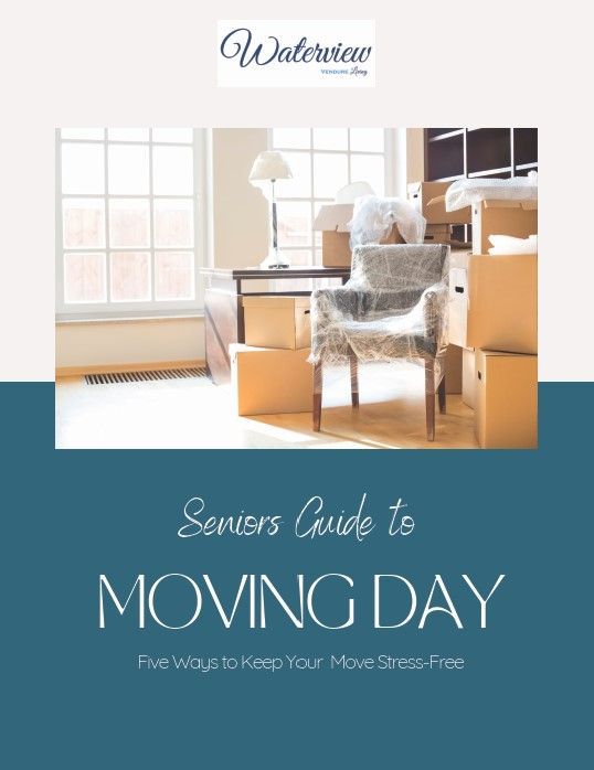 a seniors guide to moving day has a picture of a chair and boxes on the cover .