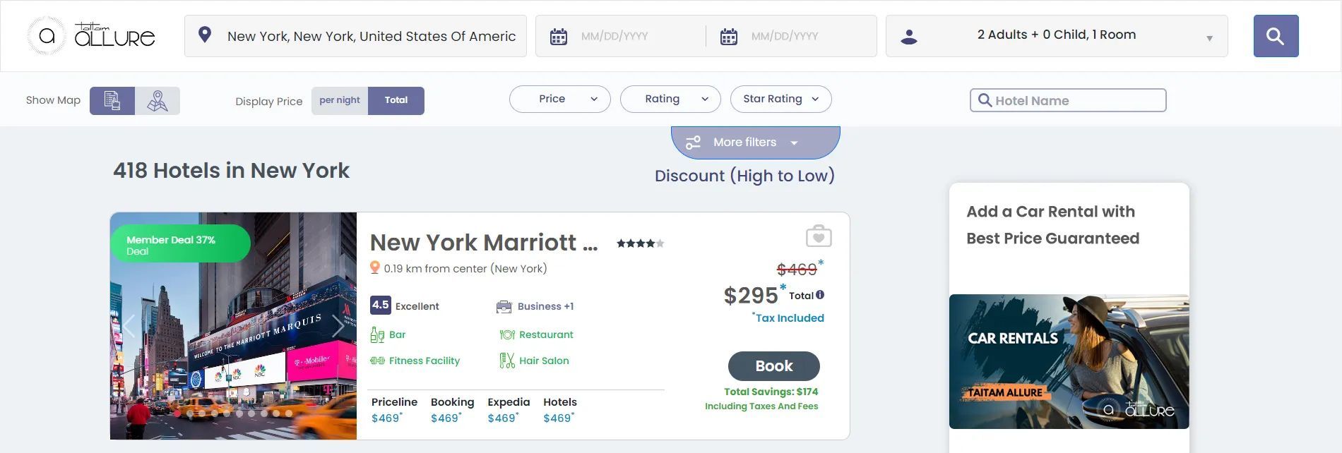 A webpage displays a New York City hotel advertisement. A photo of Times Square with hotels and taxis.