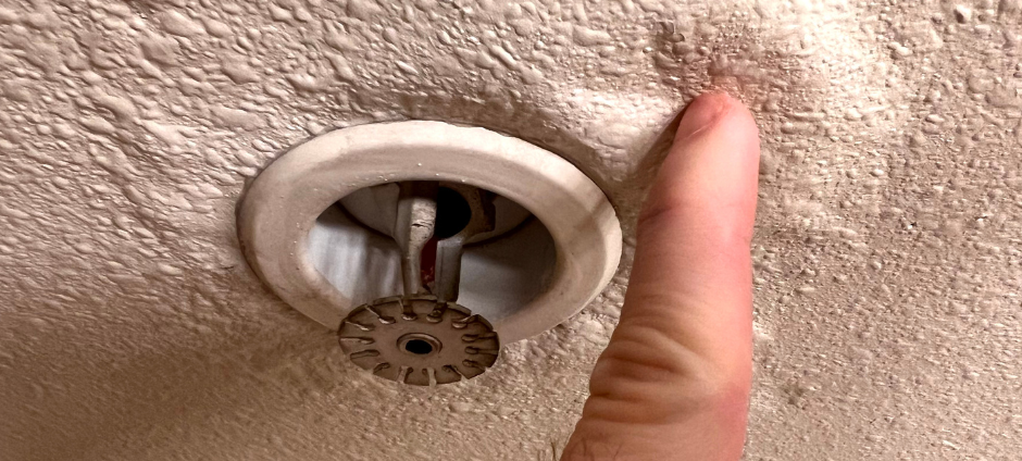 Finger touching textured ceiling near a sprinkler head.