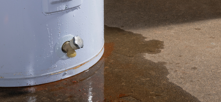 A white water heater leaking onto a concrete floor, showing rusty water pooling at its base.