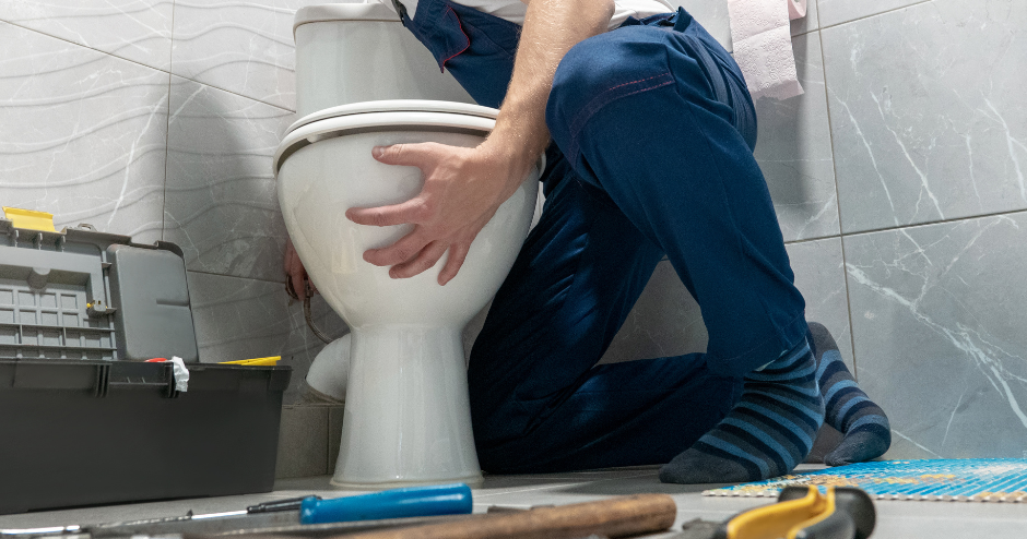 A plumber in blue workwear kneels on a tiled floor, installing or repairing a white toilet. Tools are nearby.