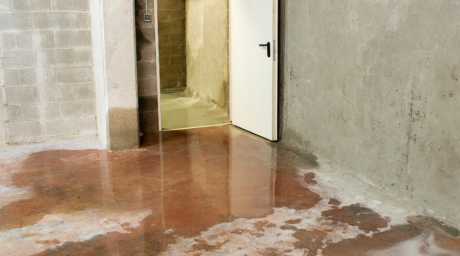 Basement with standing water on the floor, entering from an open door.