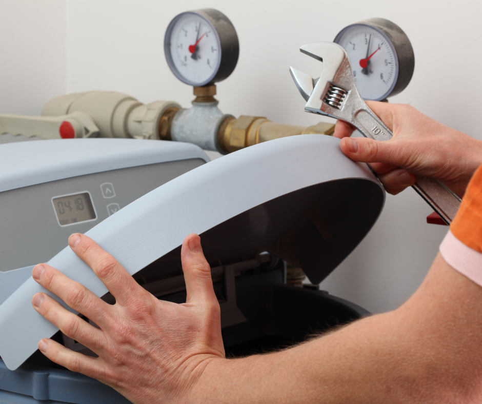 Person using a wrench to repair a water softener, near gauges and pipes.