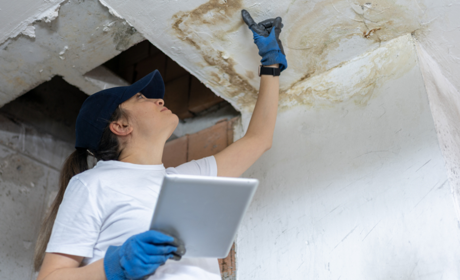 A person wearing work gloves and a cap uses a tablet while inspecting water-damaged drywall on a ceiling.