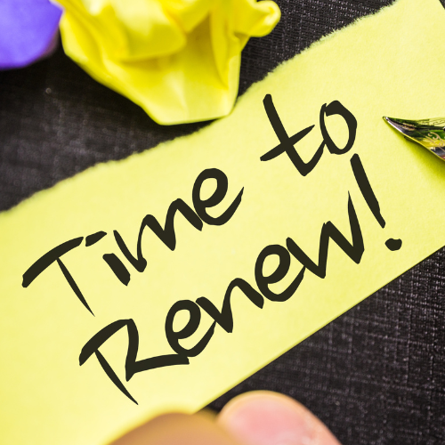 Yellow sticky note reading “Time to Renew!” with purple and yellow flowers on a dark background