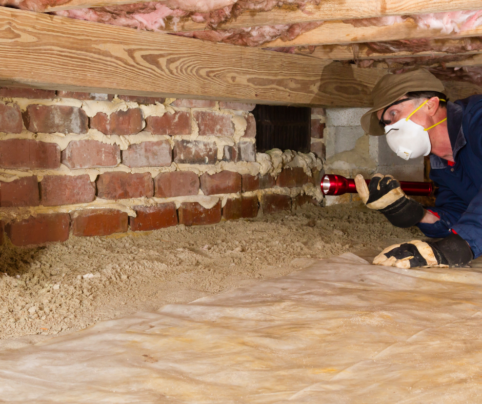 Person in crawlspace, inspecting brick foundation with flashlight, wearing respirator mask.