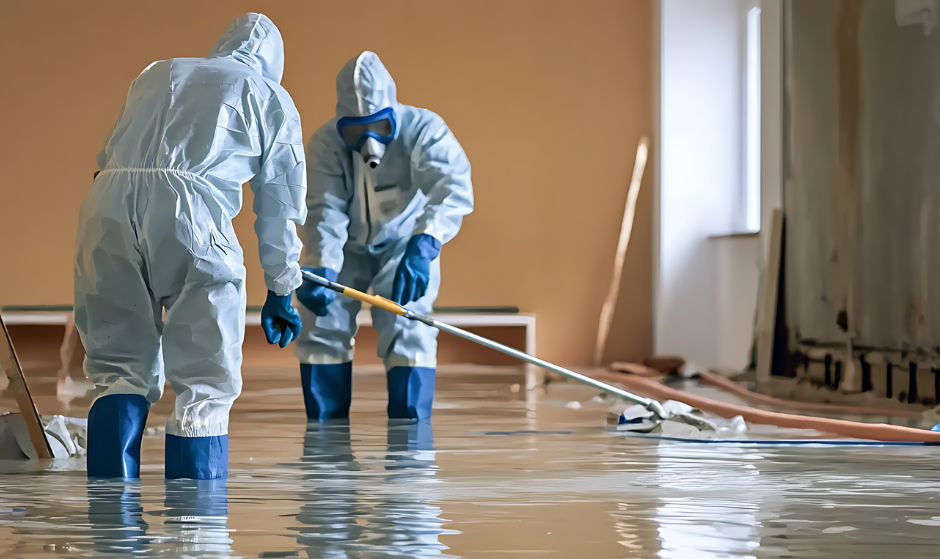 Two workers in hazmat suits cleaning a flooded room; light blue suits, water, beige walls.