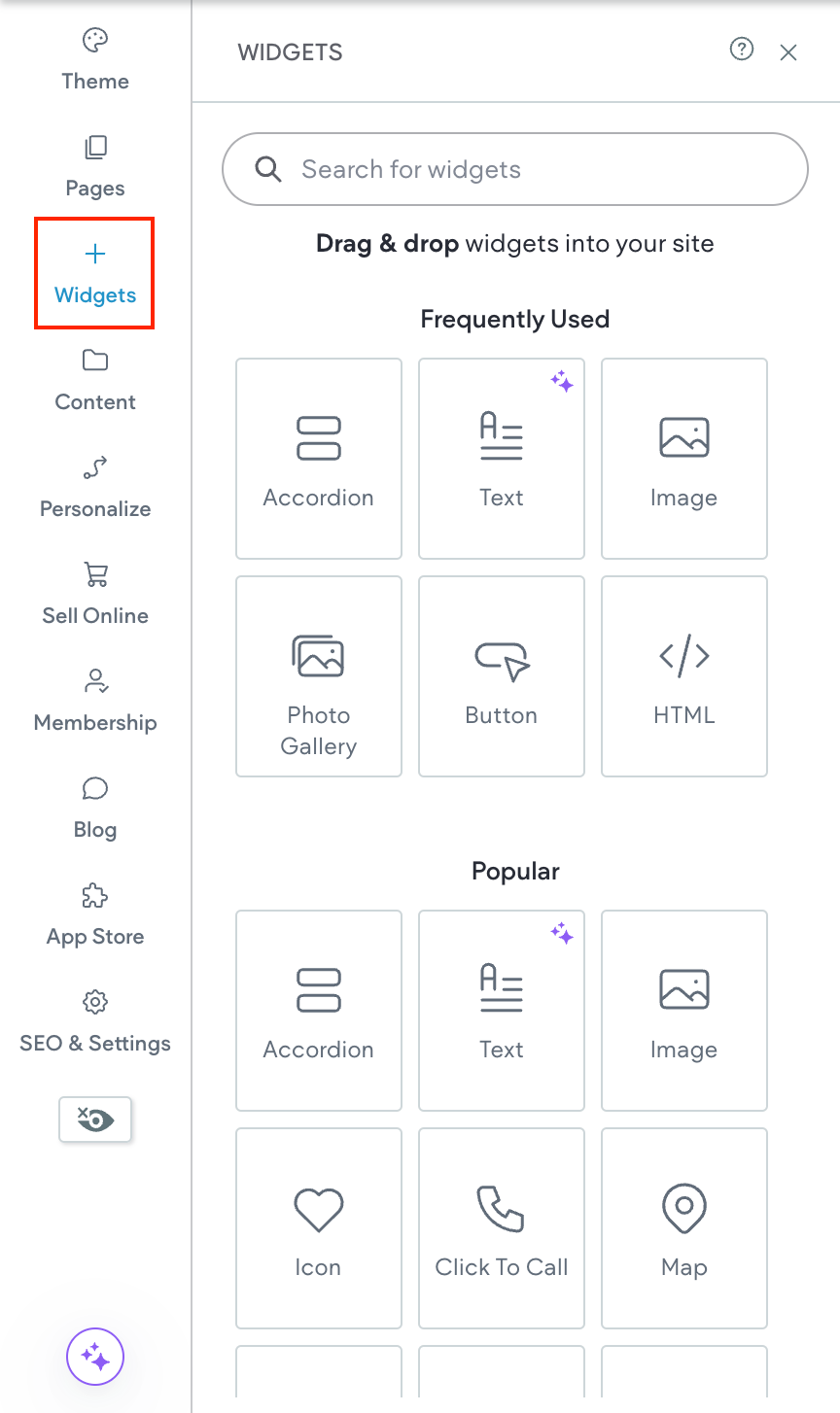 Screenshot of a website's editing interface, showing a sidebar with options like