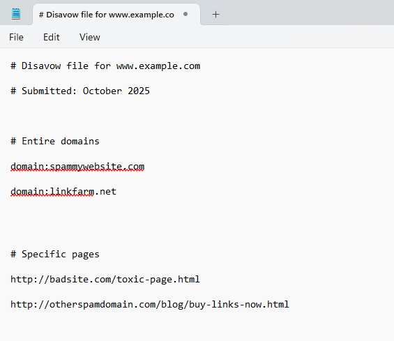 Text document showing a disavow file for a website.