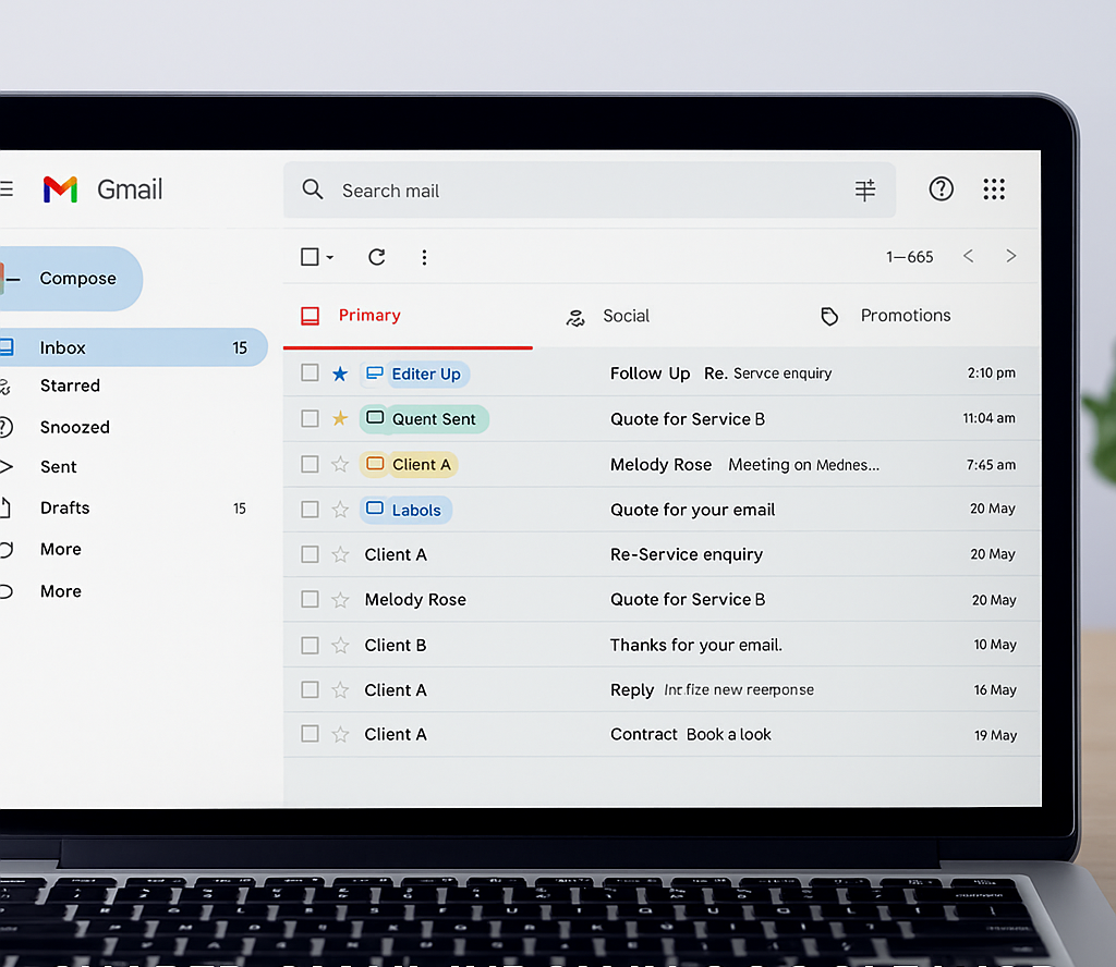 A laptop computer is open to a list of emails on the screen.