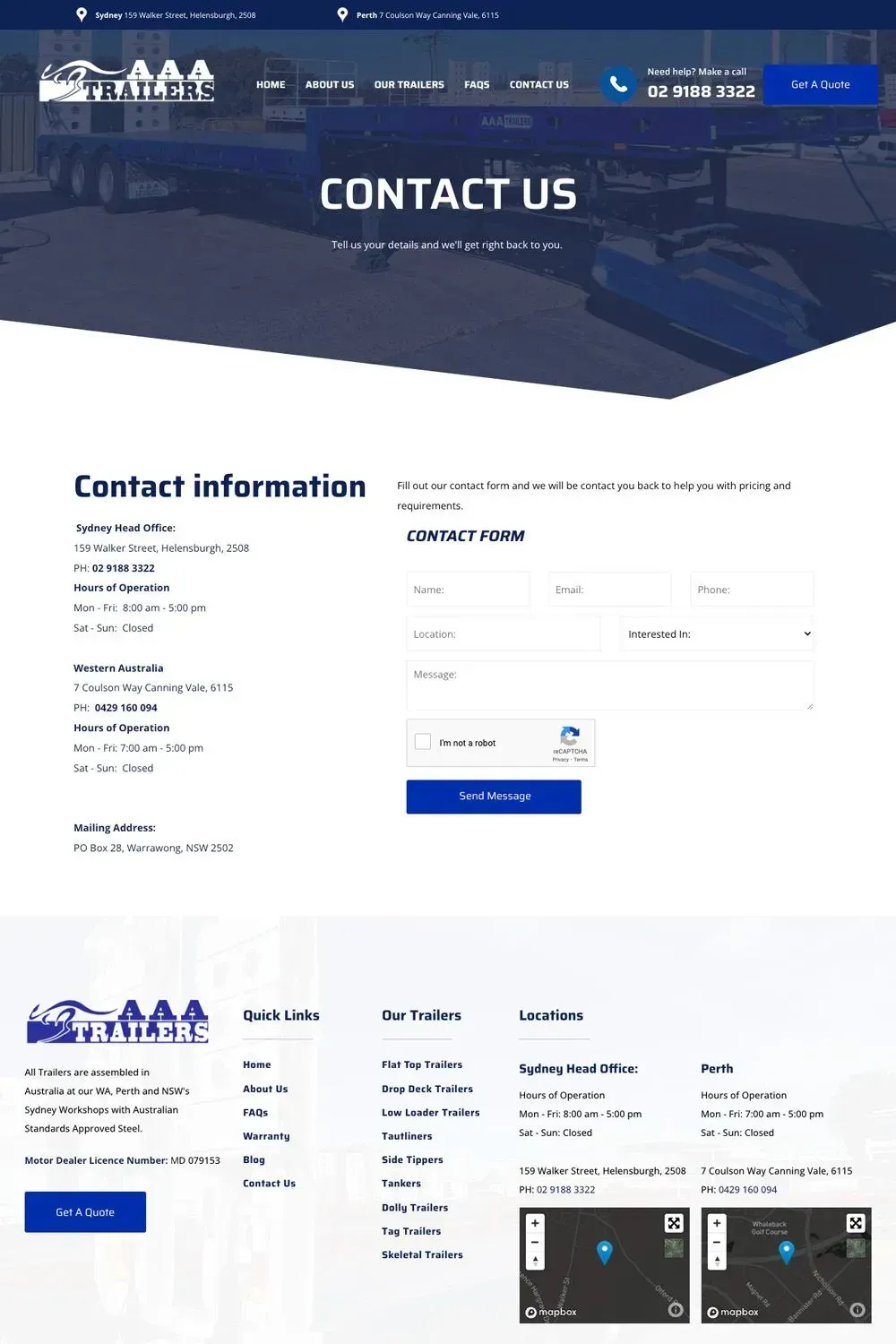 AAA Trailers contact us page preview