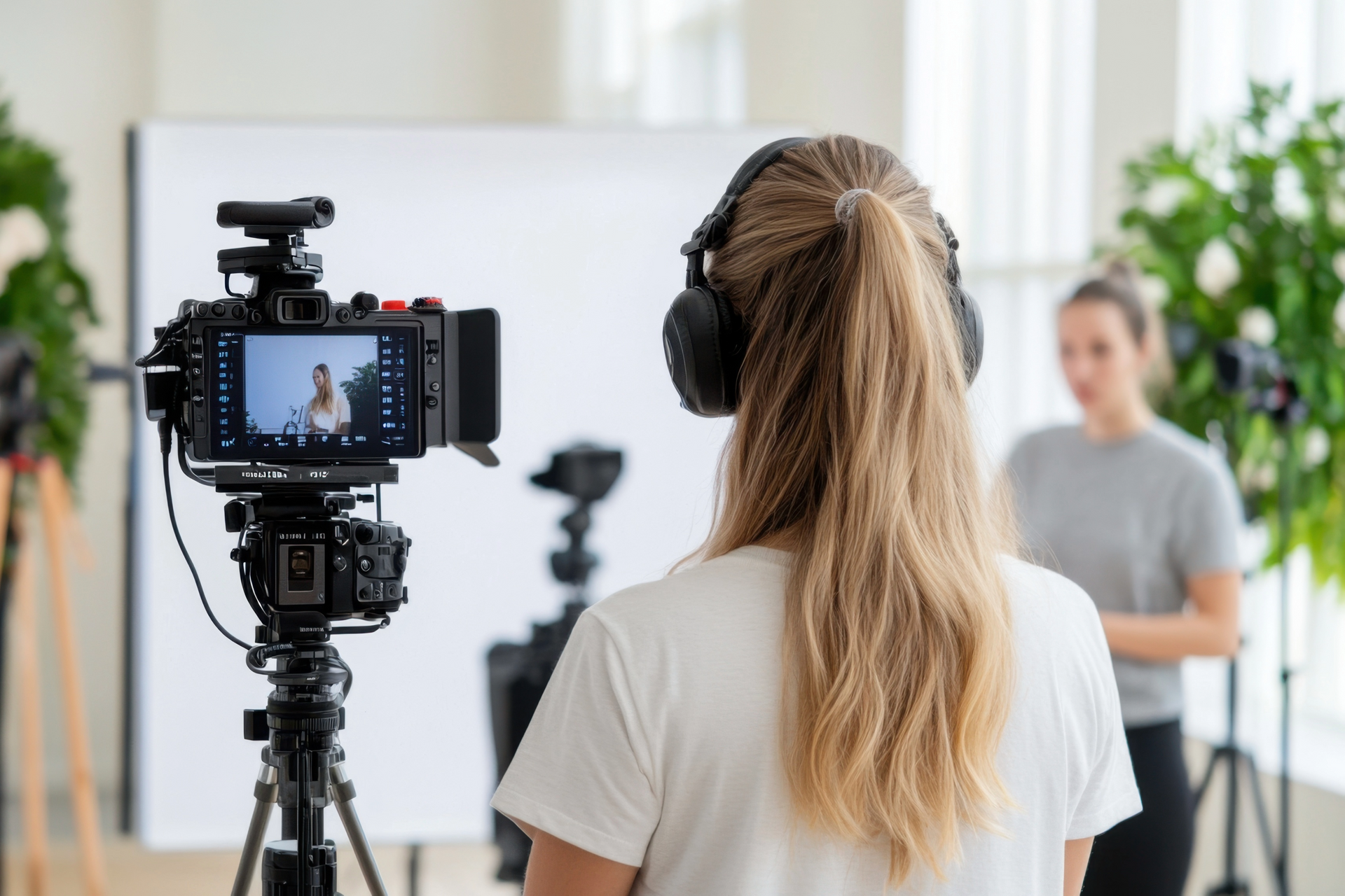 A woman is recording a video with a camera while wearing headphones.