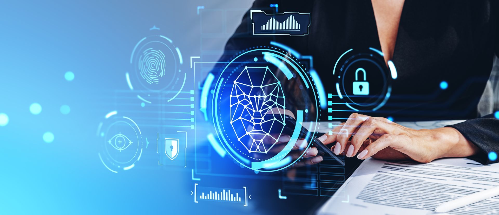 Person using digital technology, blue interface, data protection, security.