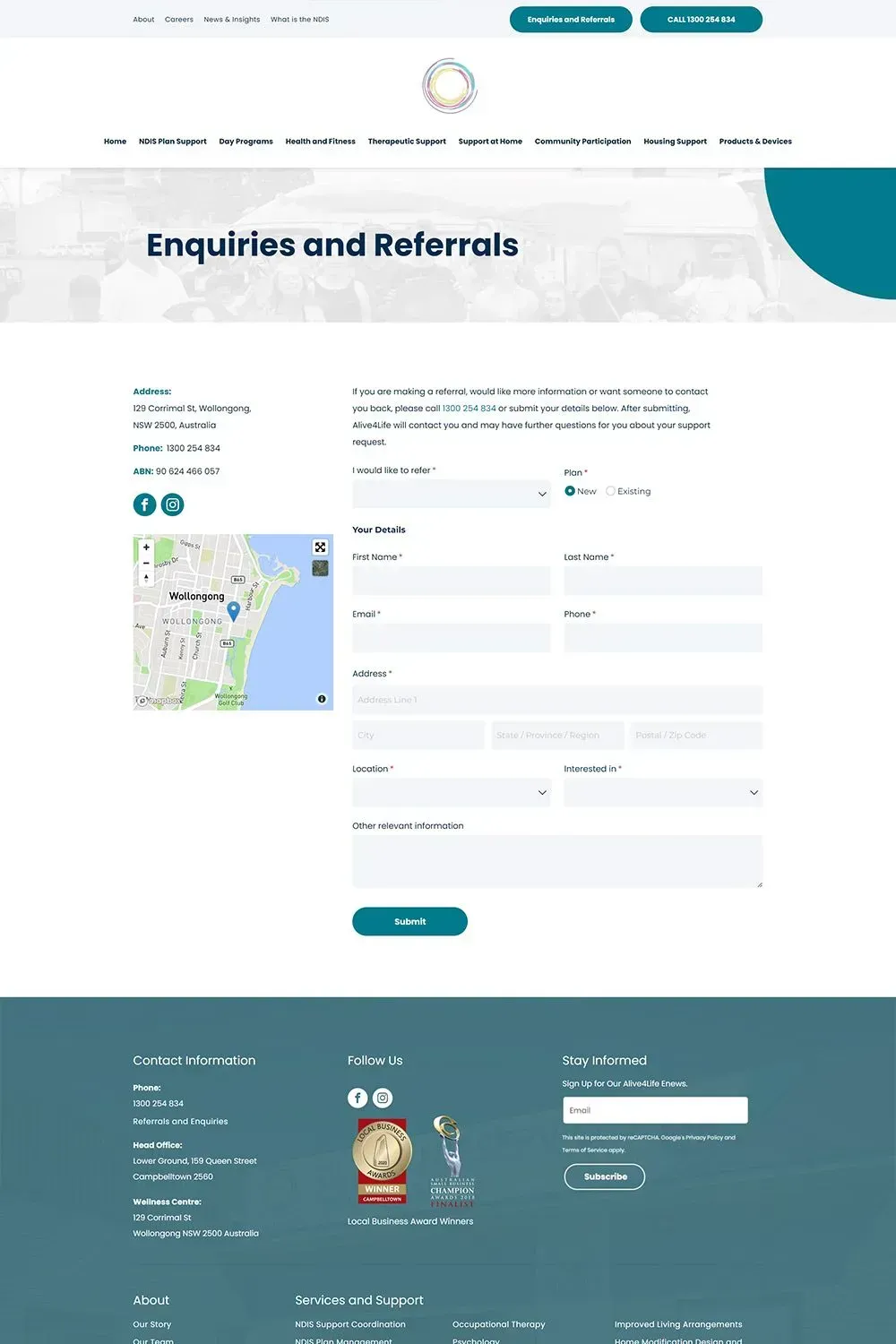 Alive4Life contact us page preview