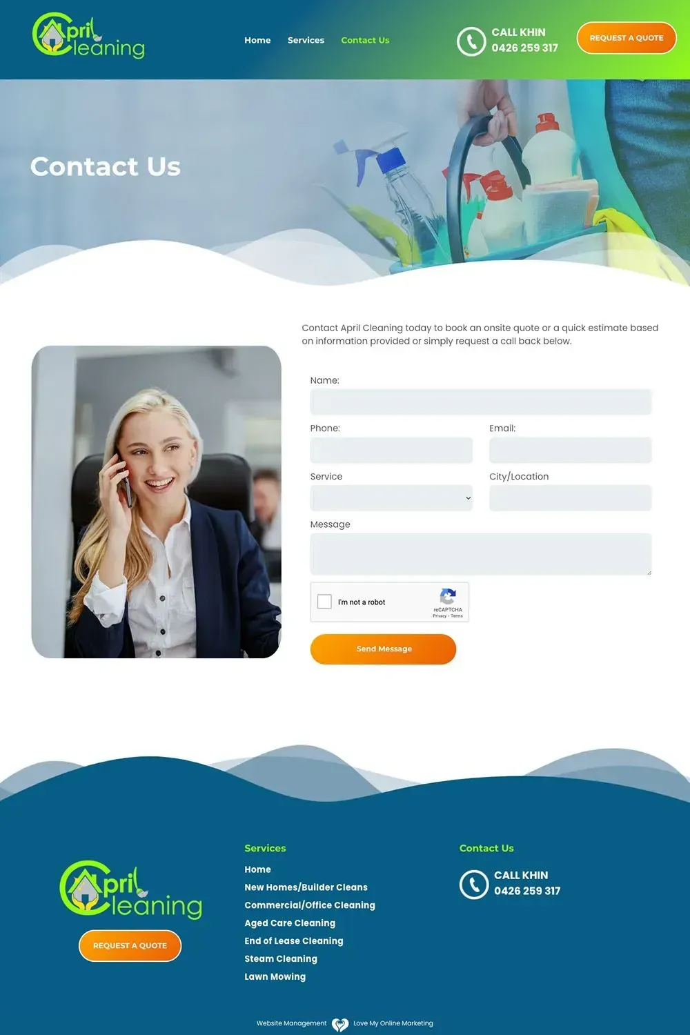 April Cleaning contact us page preview