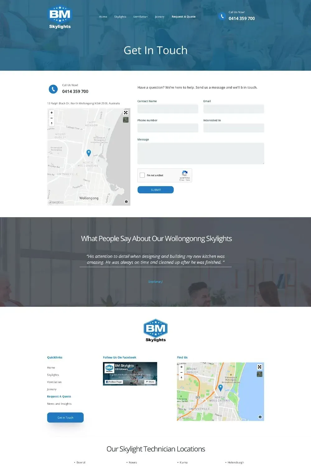 BM Skylights contact us page preview