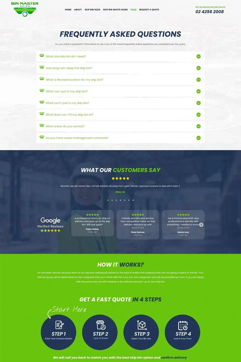 Bin Master Skip Bins FAQs page preview