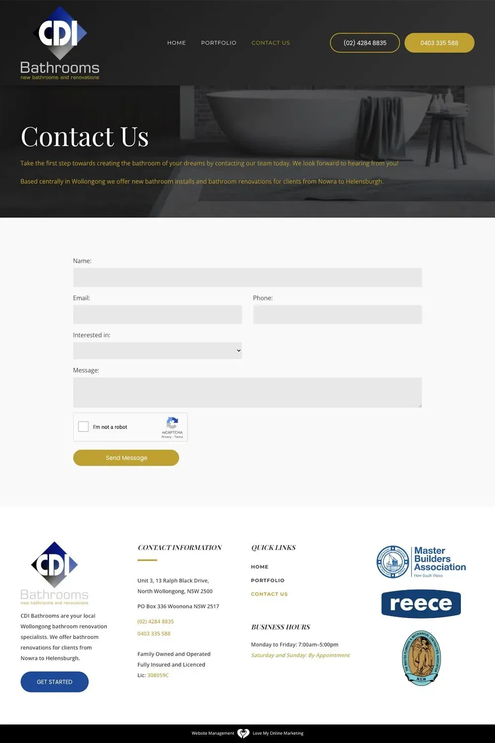 CDI Bathrooms contact us page preview