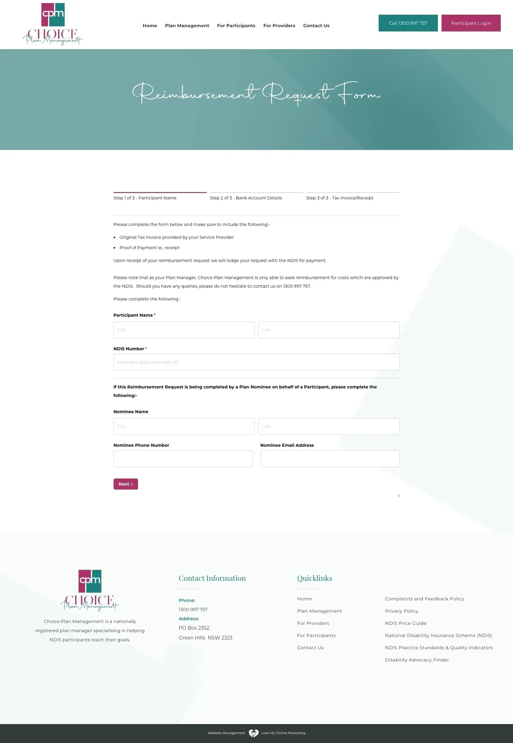 Choice Plan Management contact us page preview