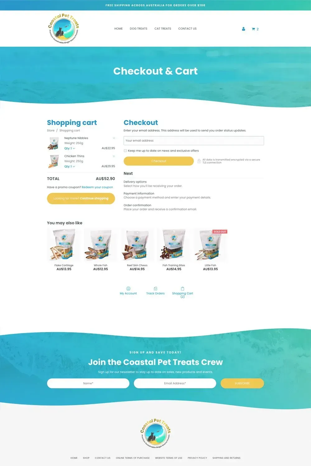 Coastal Pet Treats checkout and cart preview