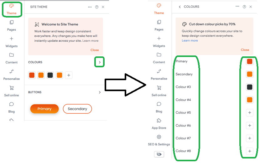 A UI showing a theme customization process. A panel for color customization is opened, showing options to customize primary, secondary, and other colors.