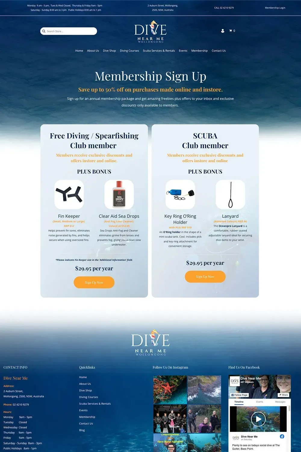 Dive Near Me membership sign up page preview