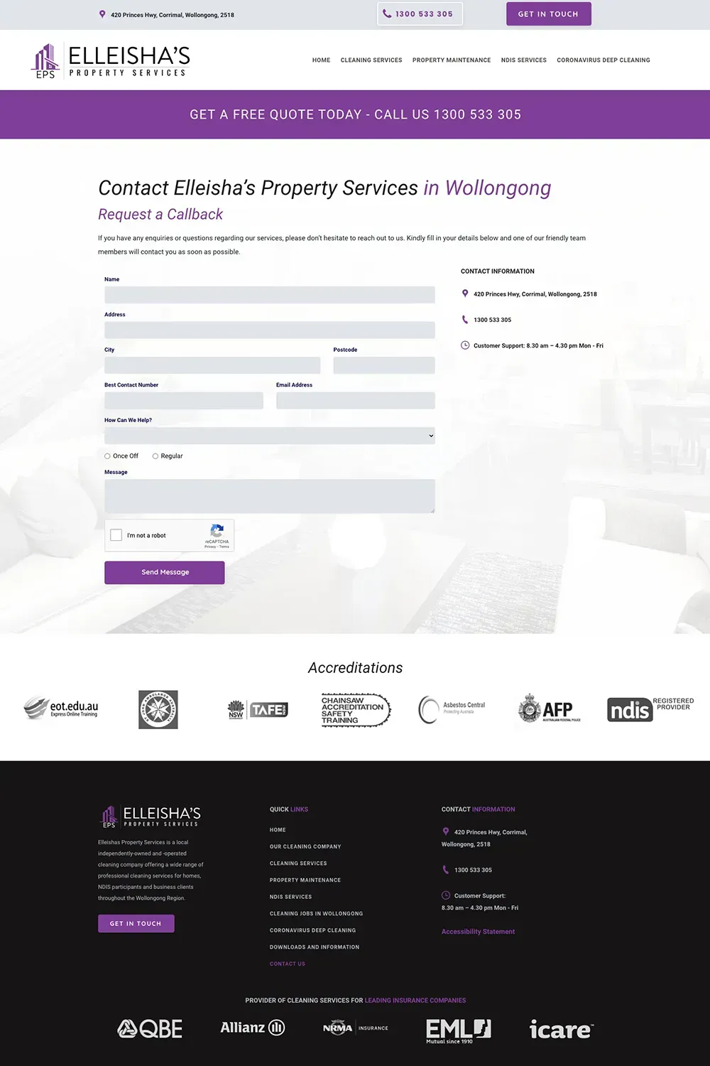 Elleisha's Property Services contact us page preview