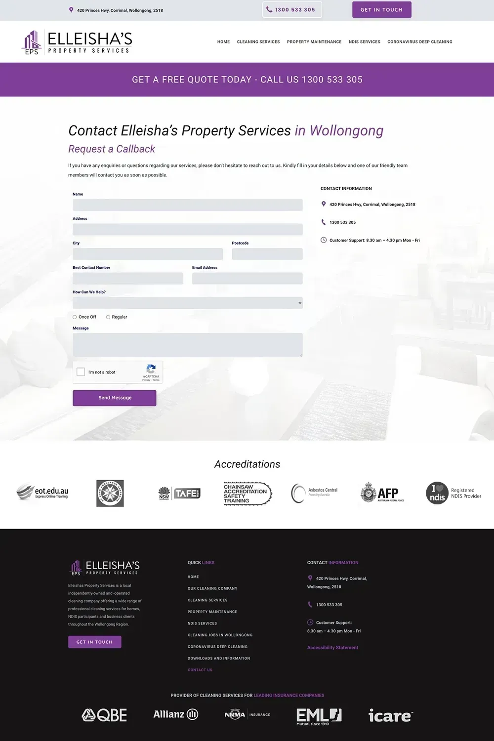 Elleisha's Property Services contact us page preview