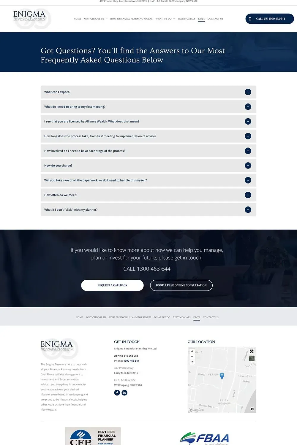Enigma Financial Planning FAQs page preview