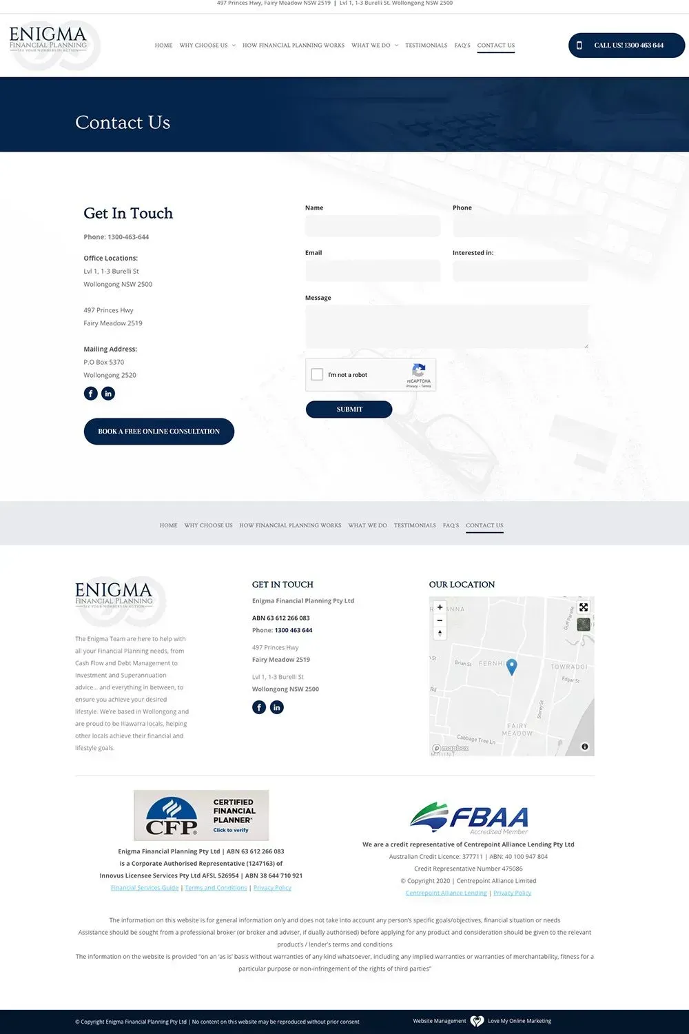 Enigma Financial Planning contact us page preview