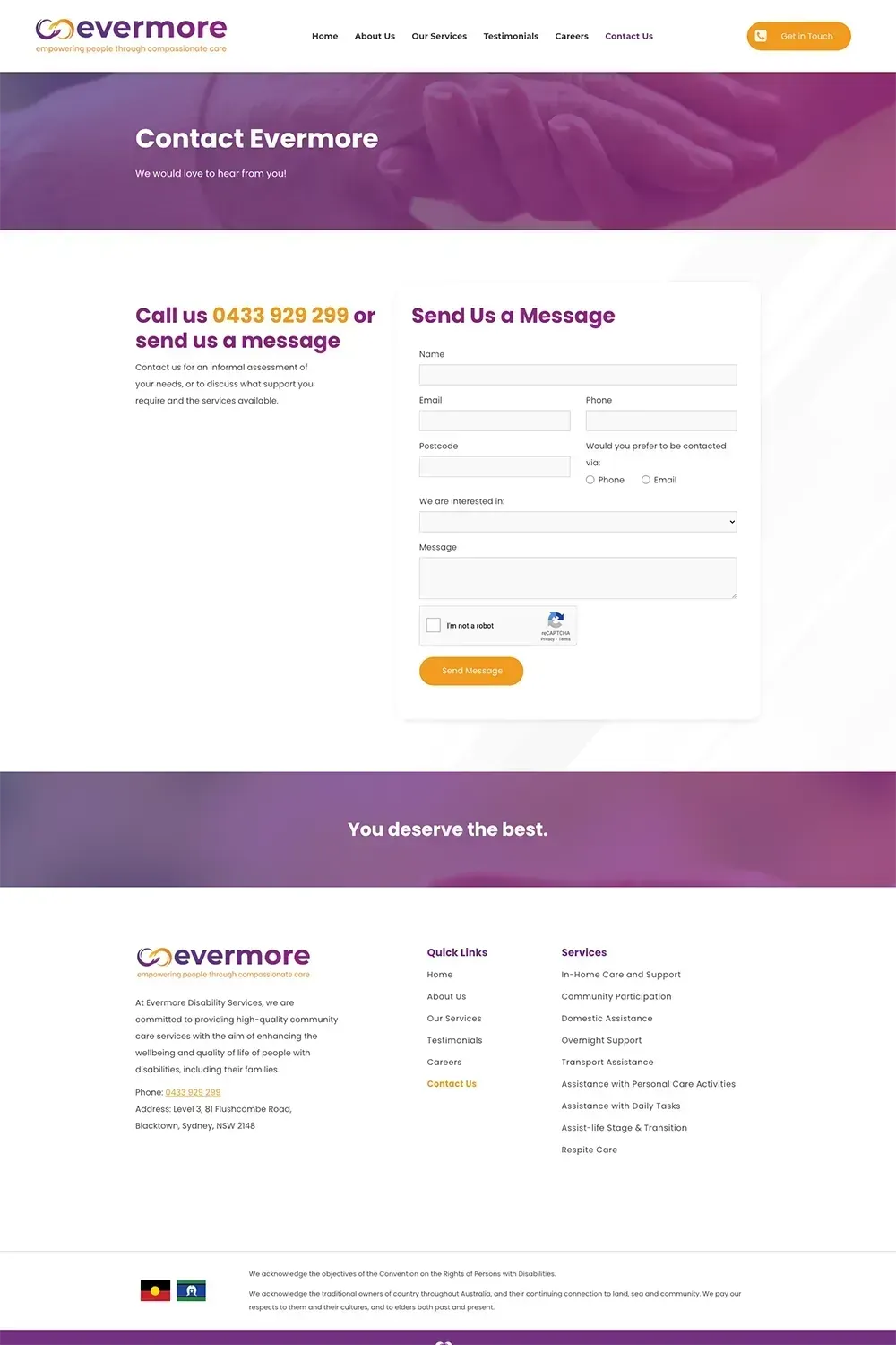 Evermore Disability Services internal page website preview