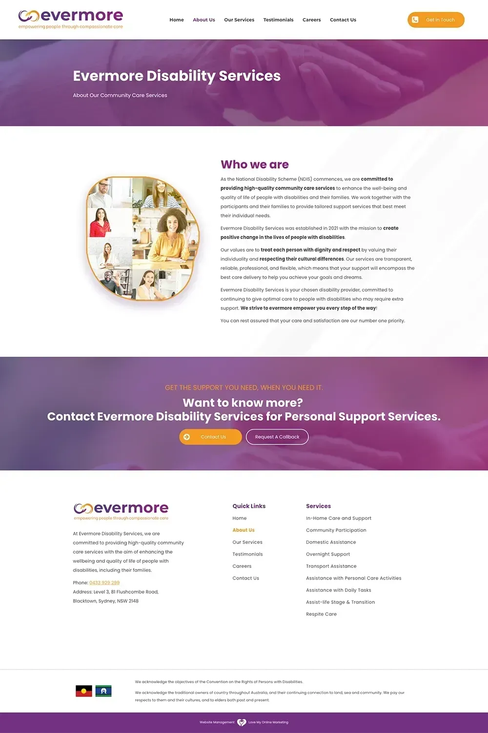 Evermore Disability Services contact us page website preview