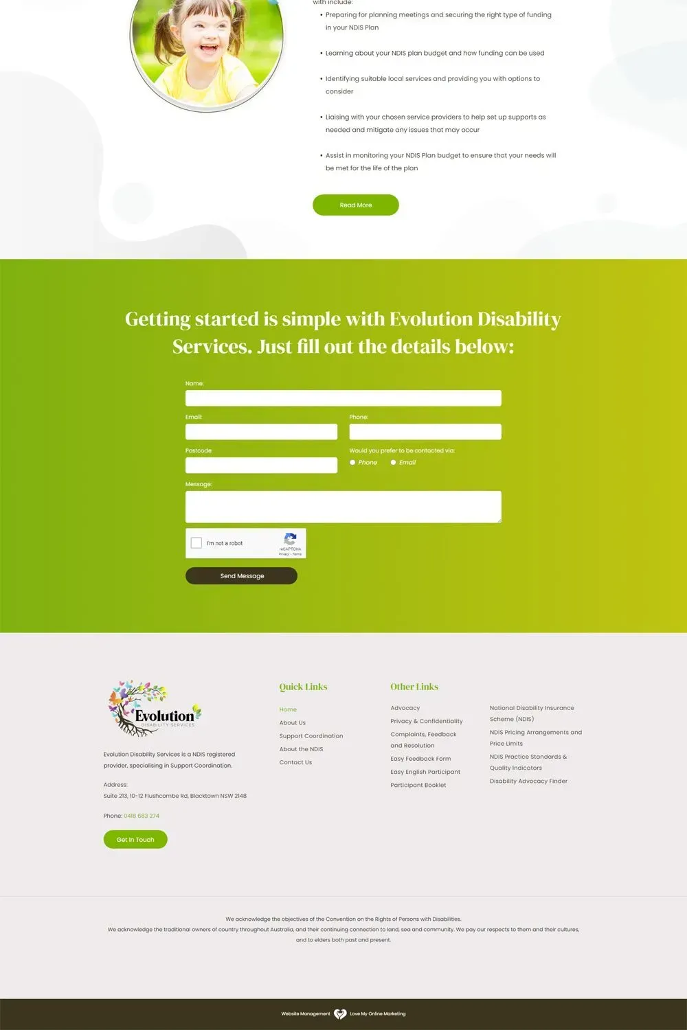 Evolution Disability Services home page website preview #2