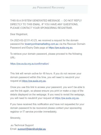 password recovery email