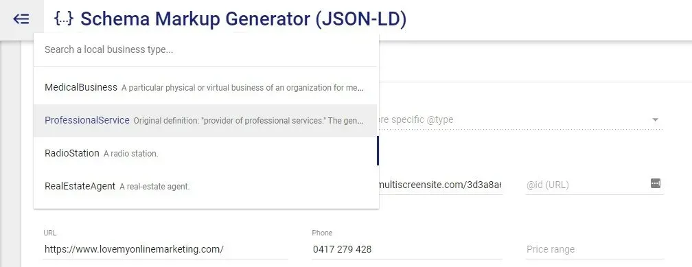 selecting a specific local business type