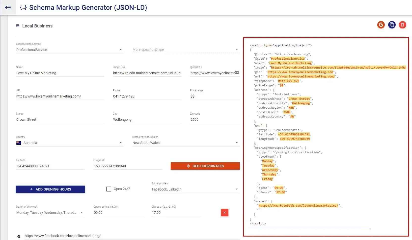 highlighted code on a local schema markup generator