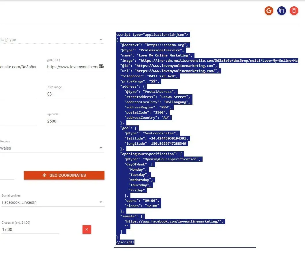 copying the code from local schema markup generator