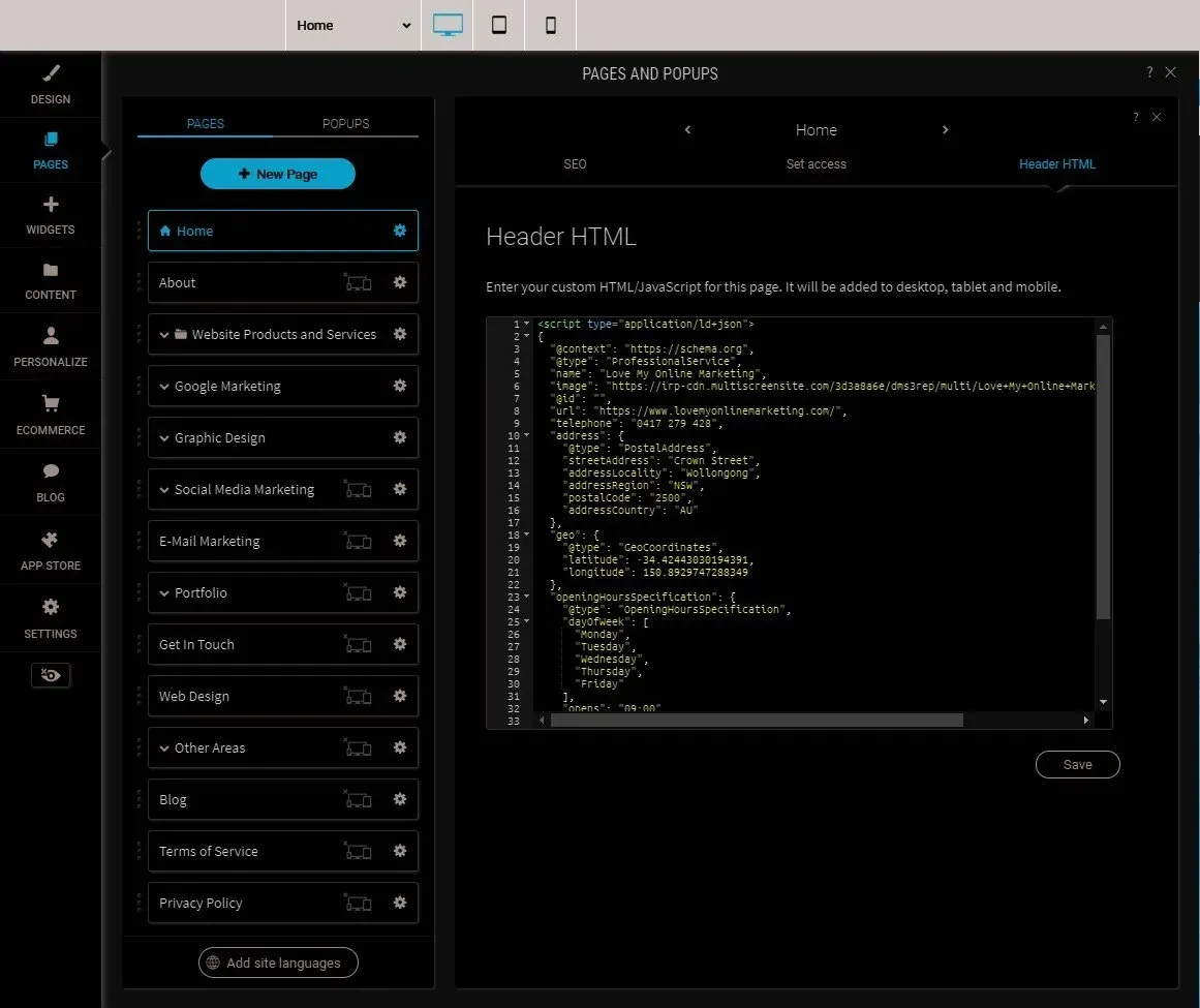 pasting the schema markup code to a website builder