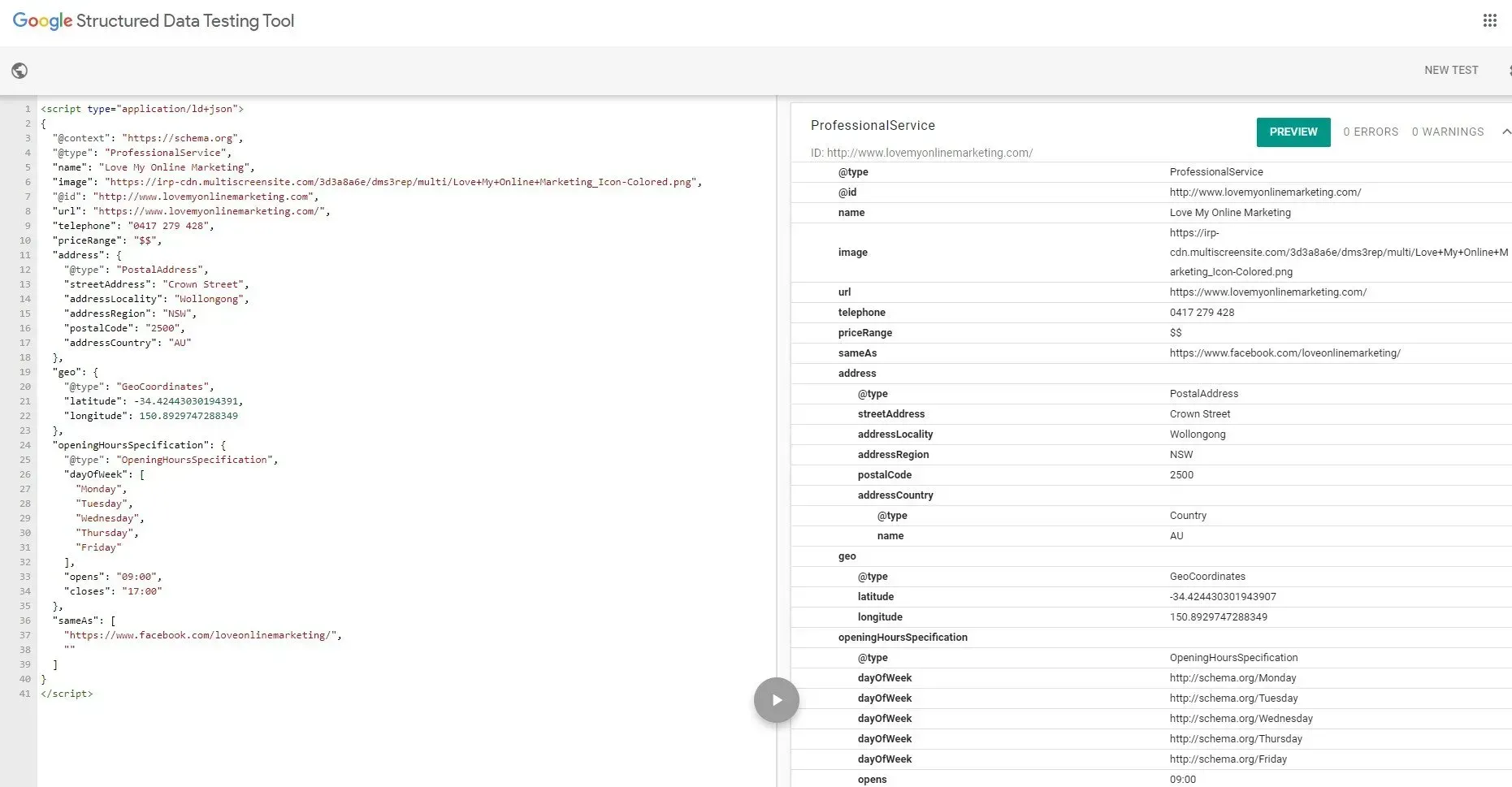 testing the schema markup