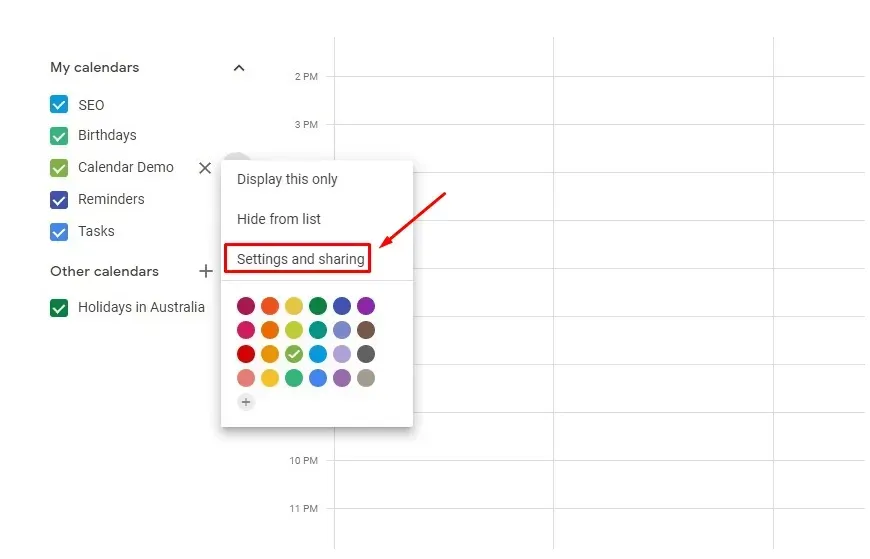 Settings and sharing option of Google Calendar