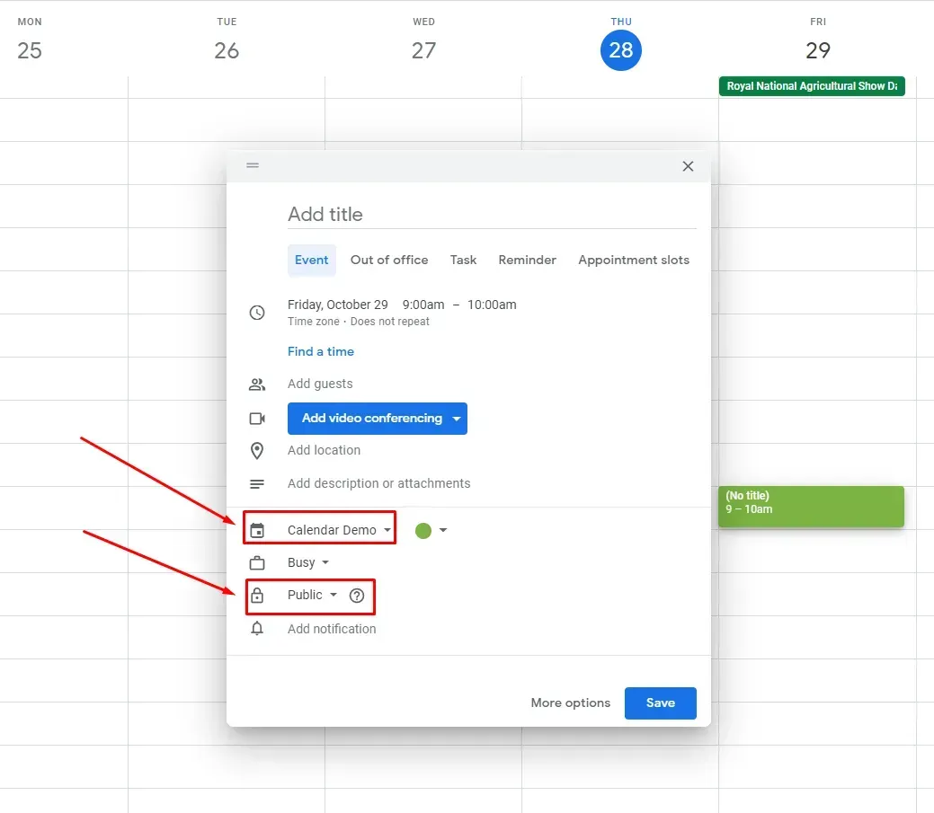 selecting a calendar and changing the privacy settings