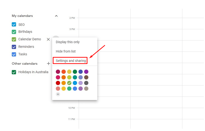Settings and sharing option of Google Calendar