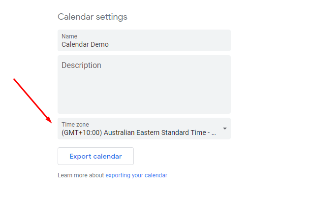 changing the time zone under calendar settings