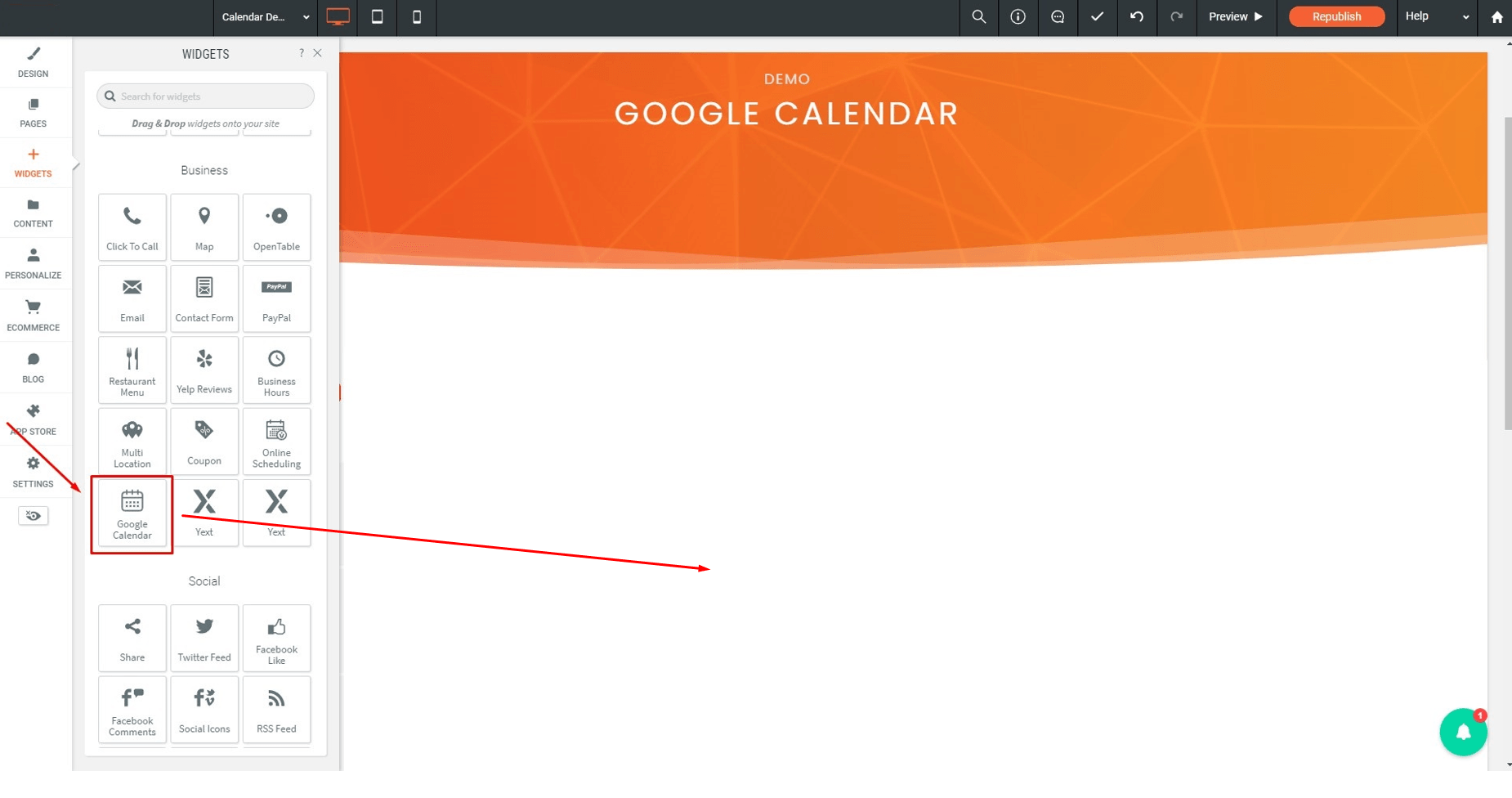 the Google Calendar widget