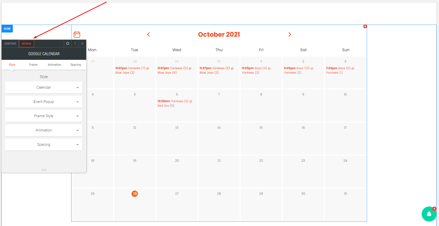 the Google Calendar design tab