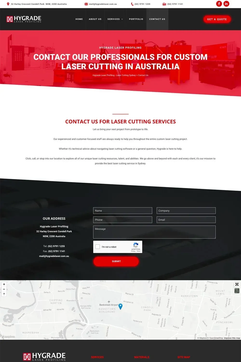 Hygrade Laser Profiling contact us page preview