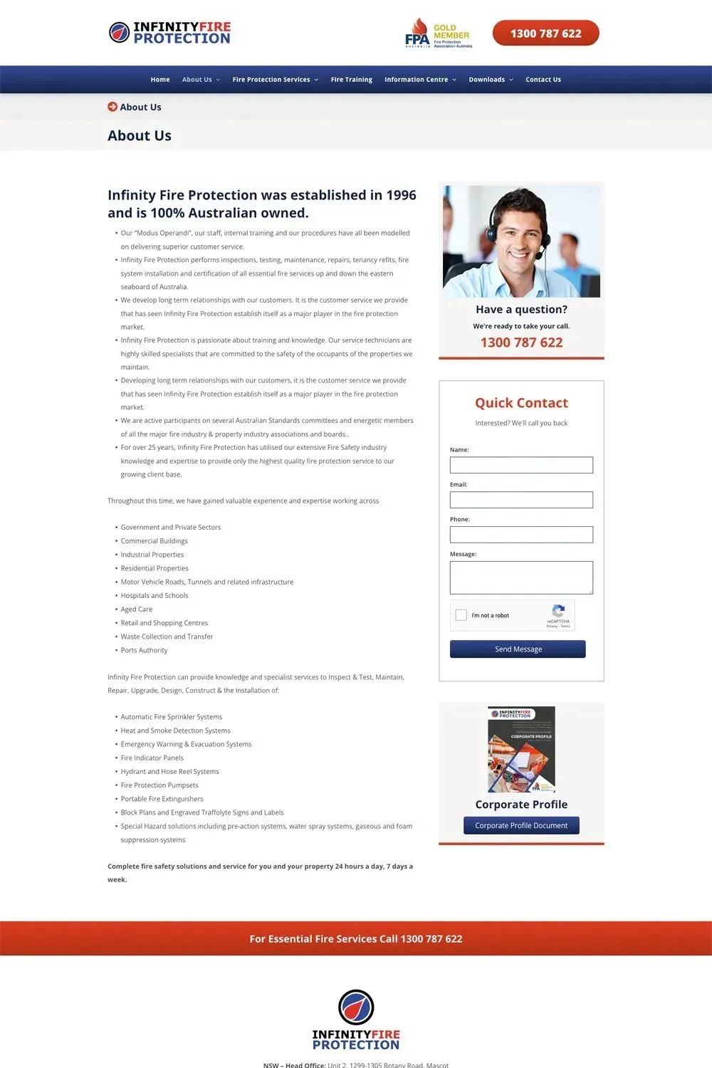 Infinity Fire Protection internal page website preview